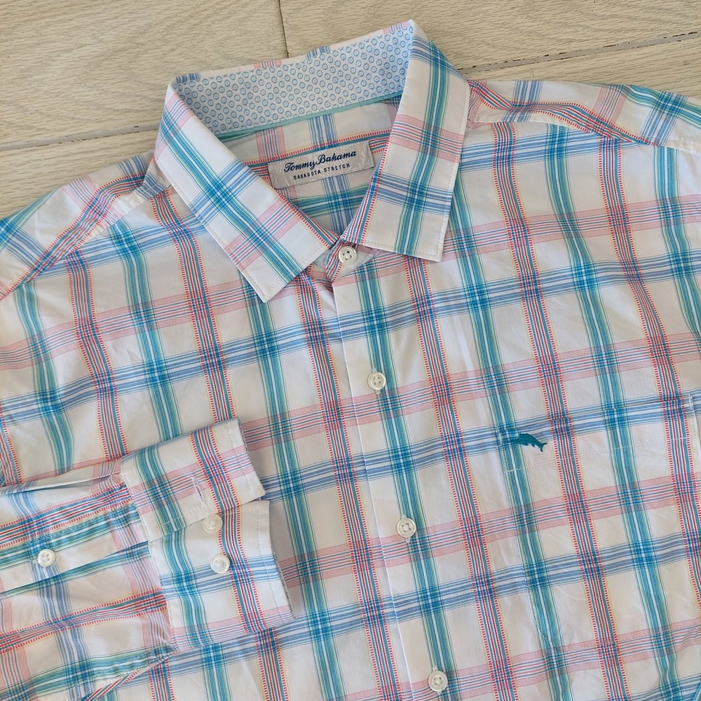 Tommy Bahama Sarasota Stretch Shirt Mens Large Plaid Button Up Flip Cuff‎ Preppy